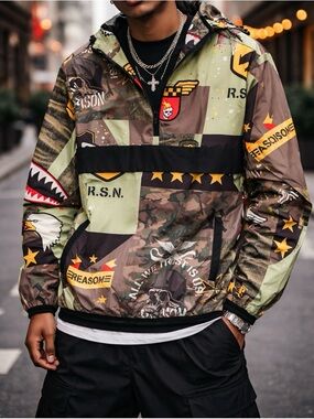 REASON Adult NWT Large Quarter Zip Pullover Windbreaker Military Theme Jacket
